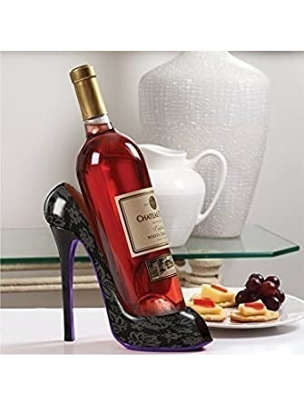 Stylish High Heel Shoe Wine Bottle Holder - Black Design Print
